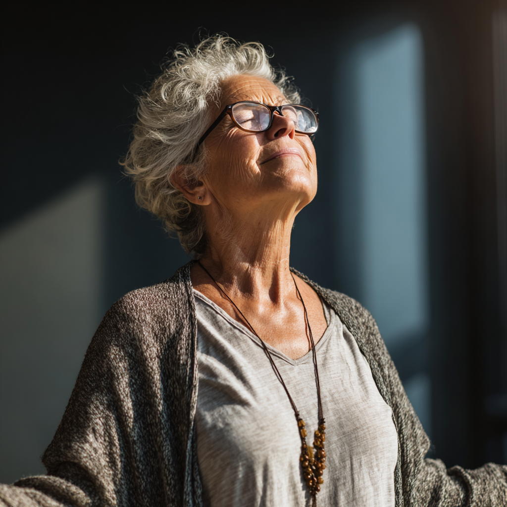 Smiling elderly European woman in comfortable yoga pose on mat in peaceful studio setting